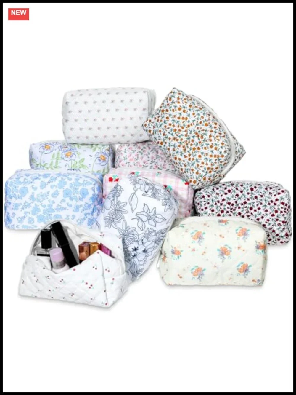 Set of 10 Quilted Cotton Floral Makeup Bags Travel Cosmetic Organizer Pouch